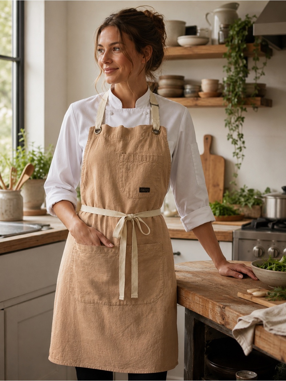 CALDO Linen Chef Server Artisan Gardener Baker Apron | Natural Linen w Pockets
